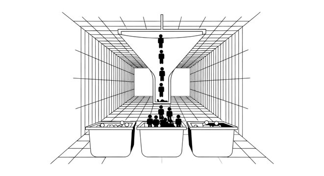 people flowing through a funnel system illustrating a selection process for human resources career paths or societal challenges.