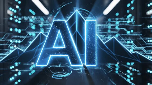 Glowing ai text logo animation overlay on futuristic digital data center background 4k video