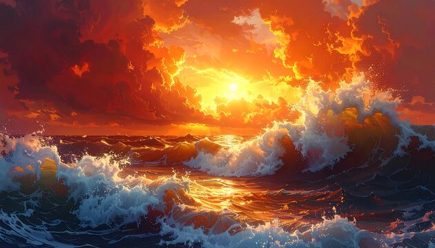 Vibrant orange sunset over turbulent ocean waves