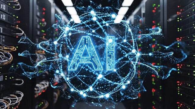 Glowing artificial intelligence logo floating in a modern server room data center 4k video