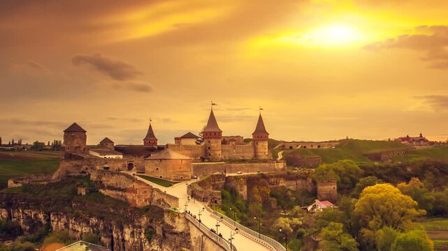 European old stone castle and fortress architecture, medieval towers and turrets, historic landmark in scenic landscape.