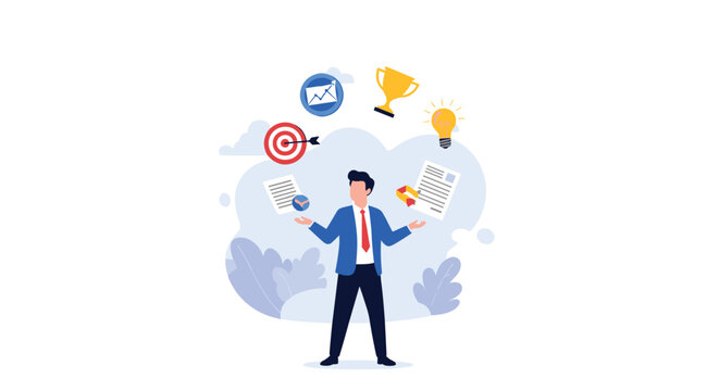 Versatile businessman juggling various colorful business icons including a target trophy chart and light bulb illustrating multitasking skills.