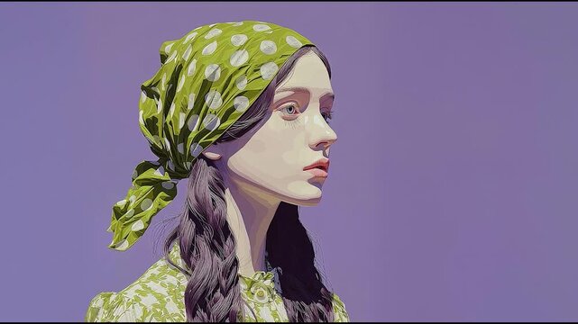 Minimalist portrait of woman in green patterned headscarf against soft purple background, modern fashion and cultural style concept with clean aesthetic