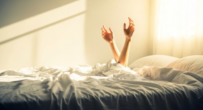 Arms reach upward beside a rumpled bed as warm morning light fills the room, marking the end of a long night and the start of a bright day, atmosphere, comfort, wellbeing