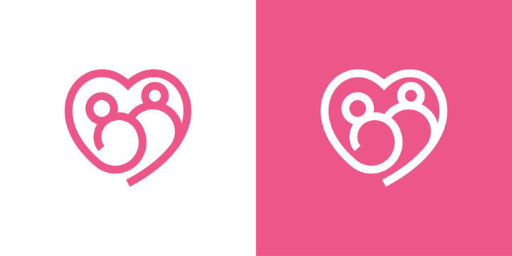 Dual meaning logo combining love and mom elements, symbolizing care, affection, nurturing, unconditional love, and the deep emotional bond between a mother and family.