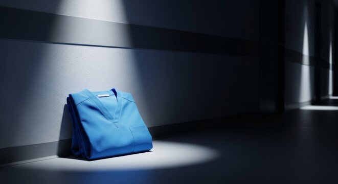 Blue medical scrubs leaned against a sterile clinic wall within a long shadowy hallway during a late night shift, showing quiet exhaustion, hospital, shadows, indoor