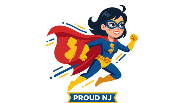 Superwoman with Proud NJ emblem, celebrating state pride with a powerful superhero illustration