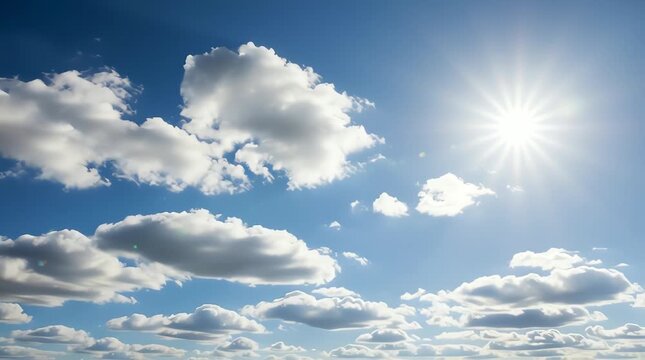 The sun shines brightly in a clear blue sky with fluffy white clouds floating gently in a serene natural landscape on a beautiful sunny day with video and animation effects.