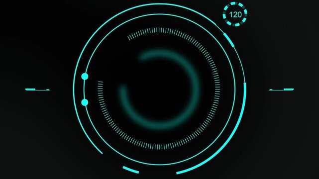 HUD element speedometer Rotating hologram HUD in a circle. digital data analysis and loading displays. Circles, graphs, sliders rotate. High-tech concept that incorporates artificial intelligence