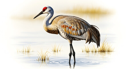 Fototapeta premium Sandhill crane bird with red crown standing in shallow water with reeds wildlife nature