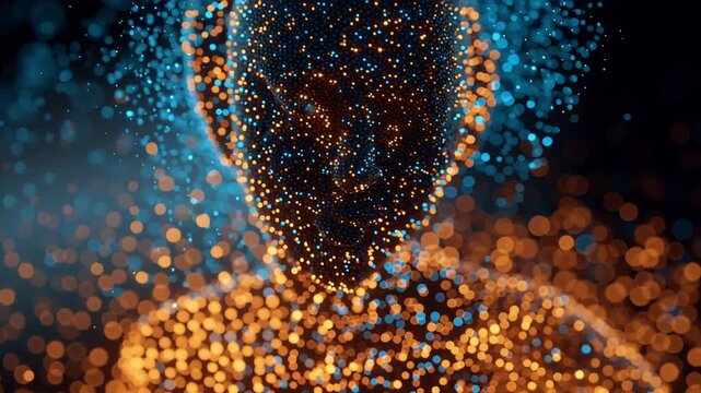 光の粒子で形成された人間の顔が回転する抽象映像