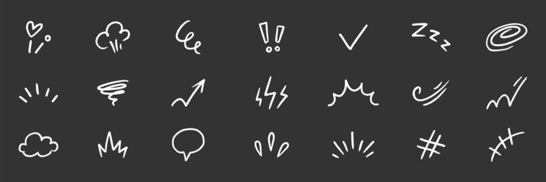 Line element effect hand drawn set. Hand drawn brush sketch line element icon arrow motion comic effect. Cute cartoon emoji emotion star, sparkle manga cloud movement. Vector illustration