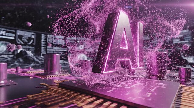 Glowing pink artificial intelligence logo floating above a futuristic circuit board 4k video