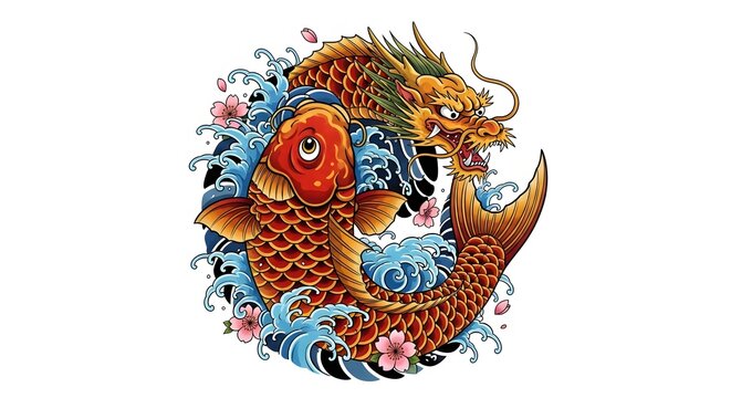 Dragon Koi Fish Swimming Together in Water with Flowers