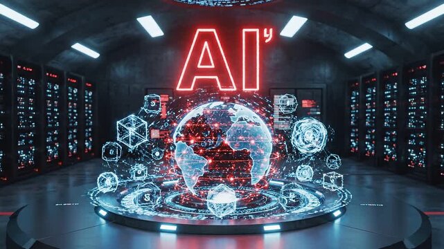 Futuristic ai logo hologram glowing in a high tech data center server room 4k video