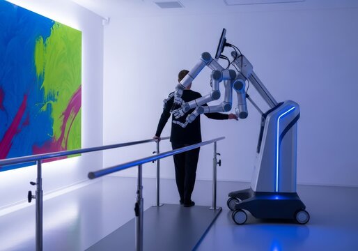 An advanced medical robot assists in a physical therapy session, moving alongside metal parallel bars in a bright, clean clinic room, movement, light, innovation