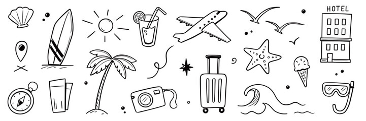 Obraz premium Summer beach icon element set. Hand drawn doodle sketch with sun, sea, travel vacation holiday trip. Cute beach icon elements with sunglasses umbrella palm camera suitcase. Vector illustration