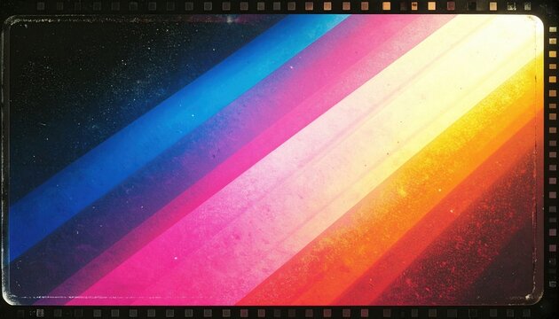 Ein retro-inspiriertes Hintergrundbild mit bunten diagonalen Regenbogenstreifen, Vintage-Filmeffekten, Staubtexturen und einem klassischen Filmrahmen.