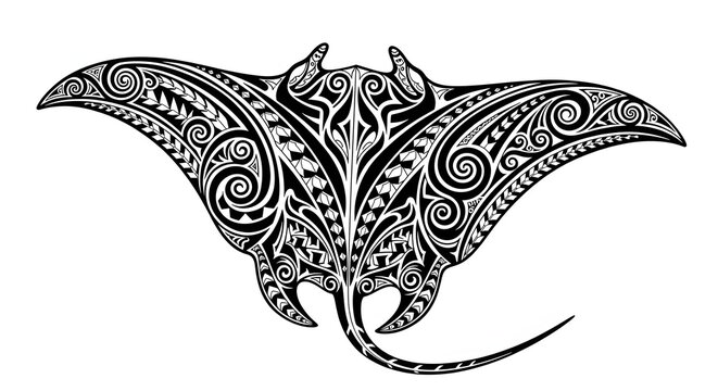 A stylized illustration of a large manta ray with tribal patterns swims.