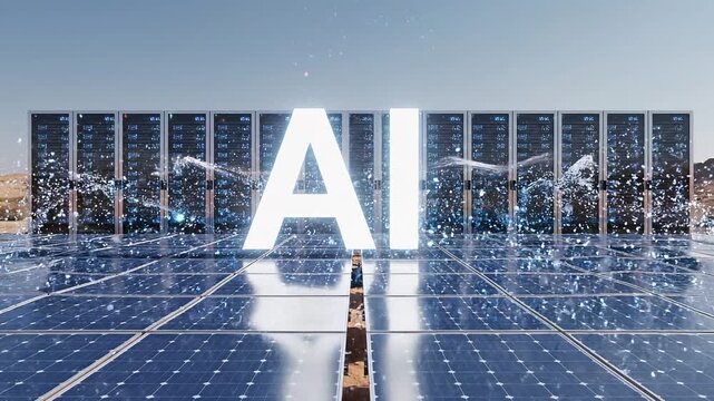 Glowing artificial intelligence logo emerging from data center in desert landscape 4k video