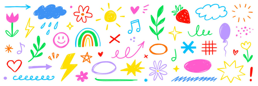 Crayon line pencil kid color icon set. Hand drawn crayon pastel color brush paint chalk line scribble texture. Cute kid children rainbow heart star sun cloud flower butterfly. Vector illustration