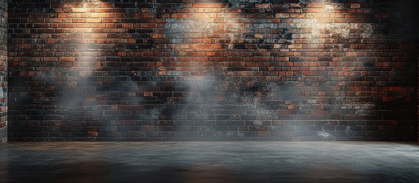 moody industrial brick wall lit by overhead spotlights with drifting smoke on a reflective concrete floor