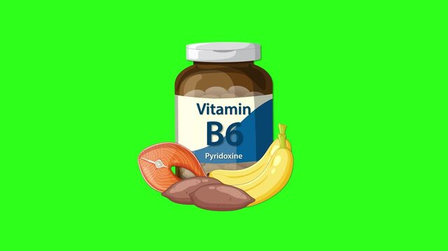 Dynamic motion graphics showing vitamin b6 pyridoxine bottle with salmon bananas and sweet potatoes on green screen.