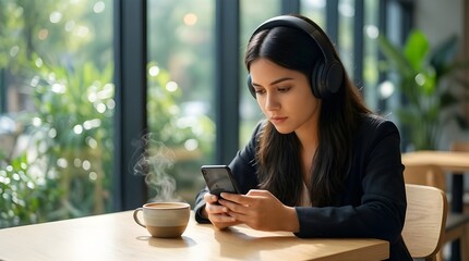 Fototapeta premium A young woman wearing headphones sits at a table with a steaming cup of coffee and uses her smartphone in a modern setting.