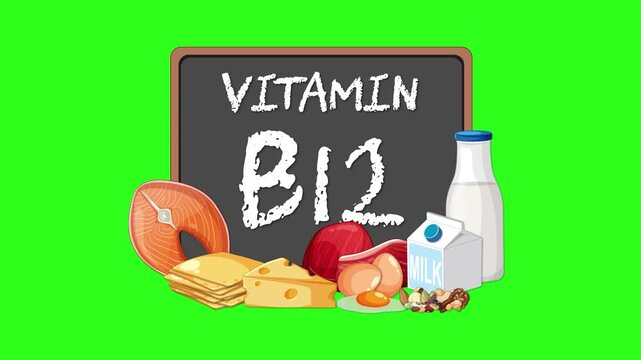 Animated infographics showing sources of vitamin B12 on chalkboard with milk fish and cheese.