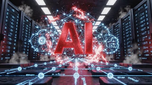 Dynamic futuristic ai logo exploding with digital energy inside high tech server room 4k video