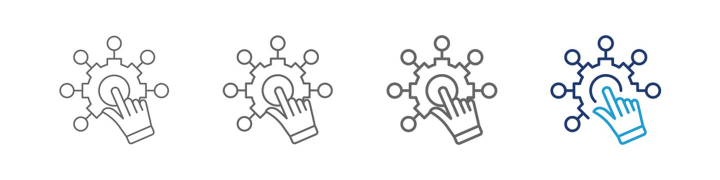 An interactivity icon is a visual symbol&mdash;commonly a hand, finger touch, cursor, or abstract network graphic&mdash;used in user interfaces (UI) made in difference thick lines and blue color for web  design