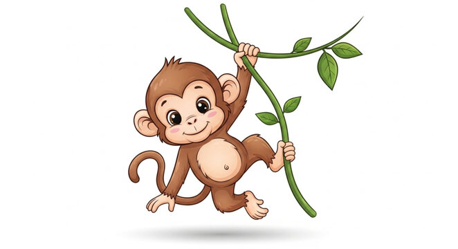 Cute cartoon monkey swinging on a vine with leaves.
