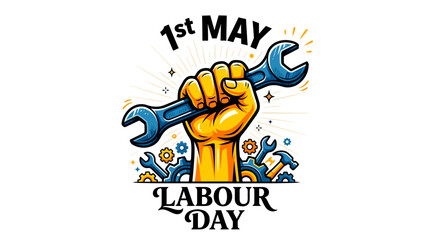 Fototapeta premium May 1st Labour Day Celebration Fist Holding Wrench Symbolizing Strength and Solidarity for Workers Worldwide