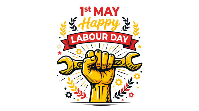 Celebrate International Workers' Day with a 'Happy Labour Day' graphic featuring a raised fist holding a wrench, symbolizing strength and dedication