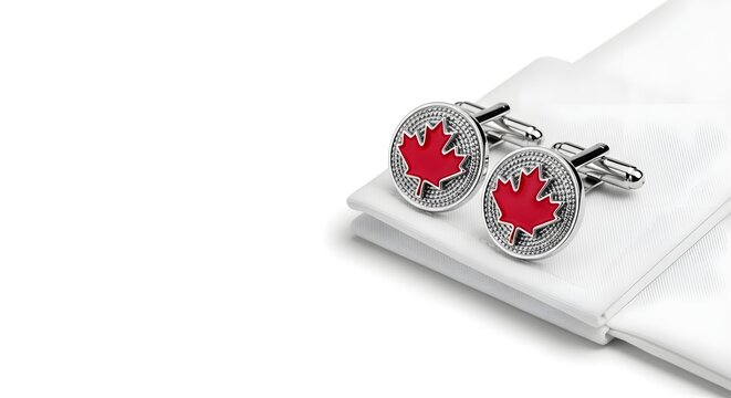 A pair of silver cufflinks with red maple leaf designs rests on a folded white shirt cuff on a plain surface.