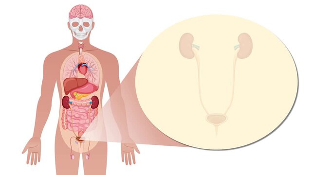 Human urinary system anatomical animation with bladder and kidneys close up showing internal organs in male body.