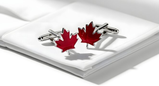 A pair of red maple leaf cufflinks rests on a folded white cloth.