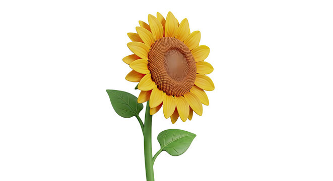 Stylized Sunflower with Green Leaves on White Background