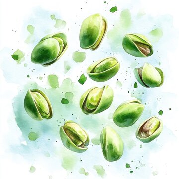 Bright watercolor illustration of scattered green pistachio nuts and open shells floating with playful fresh splashes and vibrant cheerful energy
