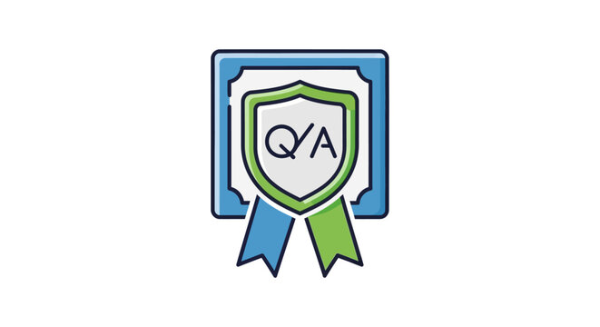 quality assurance icon and certification badge with a qa shield and ribbons representing business validation and successful testing processes.
