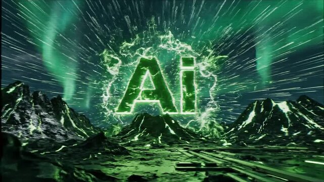 Glowing artificial intelligence logo over a surreal mountain landscape at night 4k video