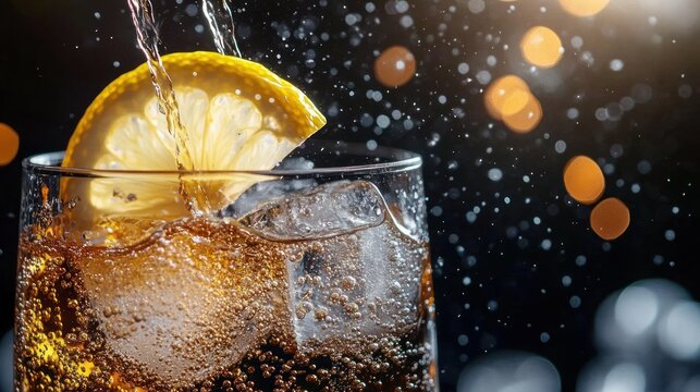 Refreshing fizzy dark drink pouring into a glass with ice cubes and a lemon wedge, energetic splash and sparkling droplets against bokeh lights
