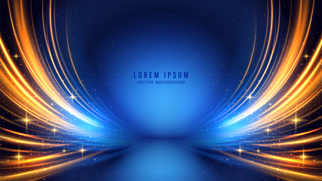 Abstract blue luxury background with golden glowing light curves and sparkles