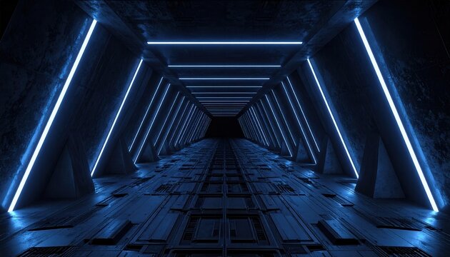 Ein futuristischer Science-Fiction-Korridor mit leuchtend blauen Neonr&ouml;hren und einer symmetrischen Perspektive in einem dunklen Raumschiff.