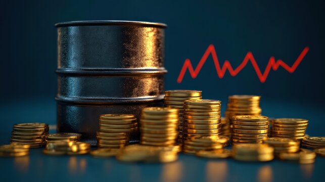 metal oil barrel beside stacks of gold coins and a jagged red upward market line conveying profit-driven optimism and market volatility