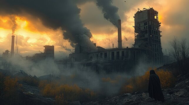 Lone cloaked figure surveys a fog-shrouded ruined industrial complex with smoking chimneys beneath a foreboding amber sky