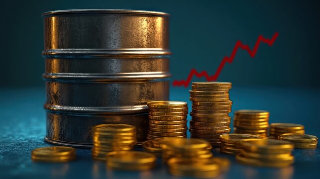 metal oil barrel next to stacks and scattered gold coins with a rising red chart line conveying profit, growth and financial optimism