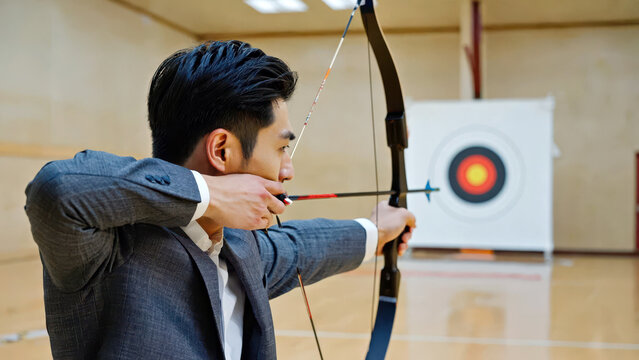 Asian businessman in charcoal suit drawing bowstring with calm precision at minimalist archery range with isolated target in background. Focus and goal achievement concept