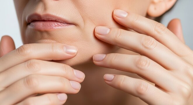 Close up shot of hands touching mature skin near the jawline to observe loss of firmness and early signs of aging in a bright indoor setting, cosmetic, aesthetic, prevention