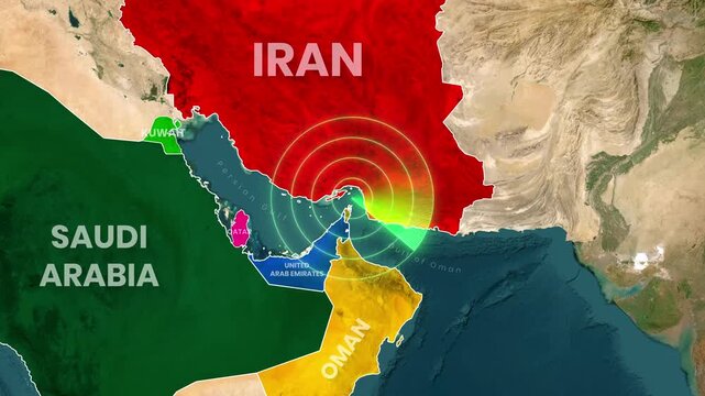 Strait of Hormuz Map Highlight Animation with Radar Range Visualization